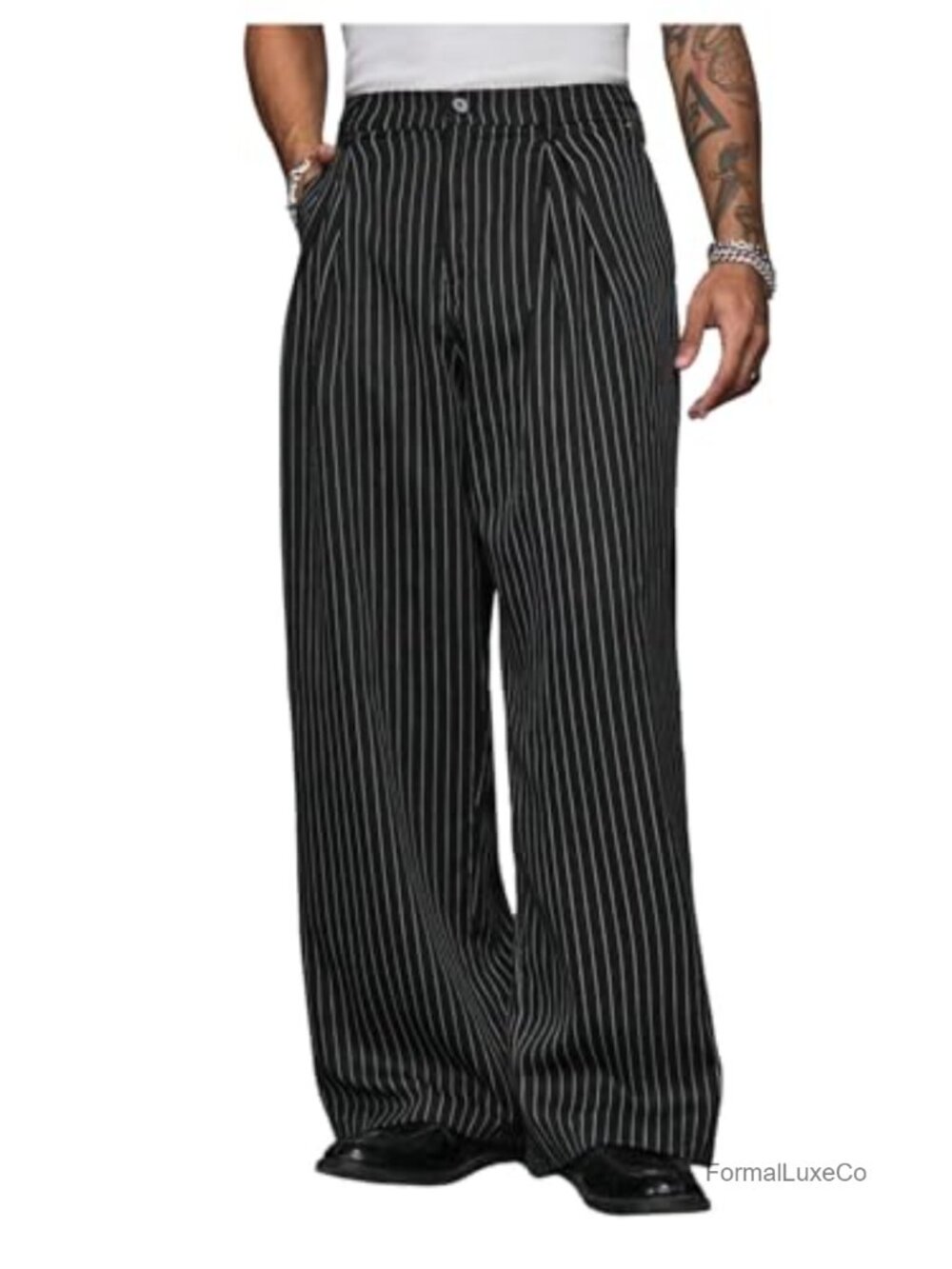 Men's Striped Baggy Dress Pants Wide Leg Pleated Trousers Business Casual